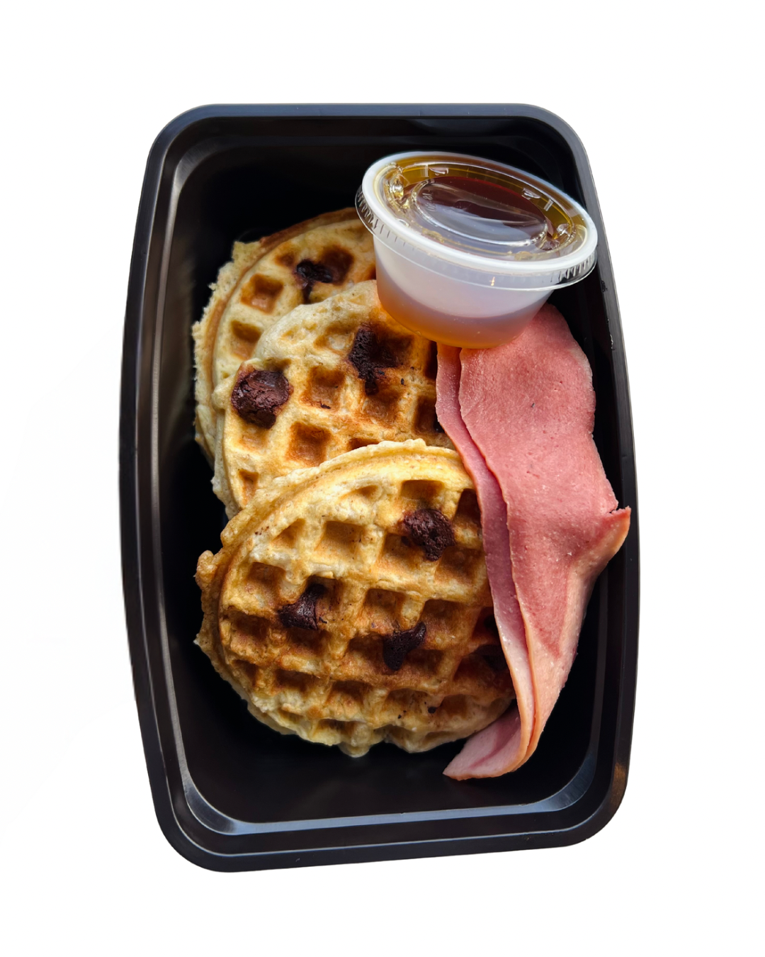 Breakfast Meal: Protein Waffles with Turkey Bacon & Maple Syrup